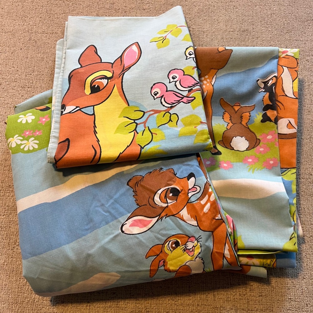 Vintage Disney Bambi Twin Sheet Set Pillowcase Sears Perma Prest Percale